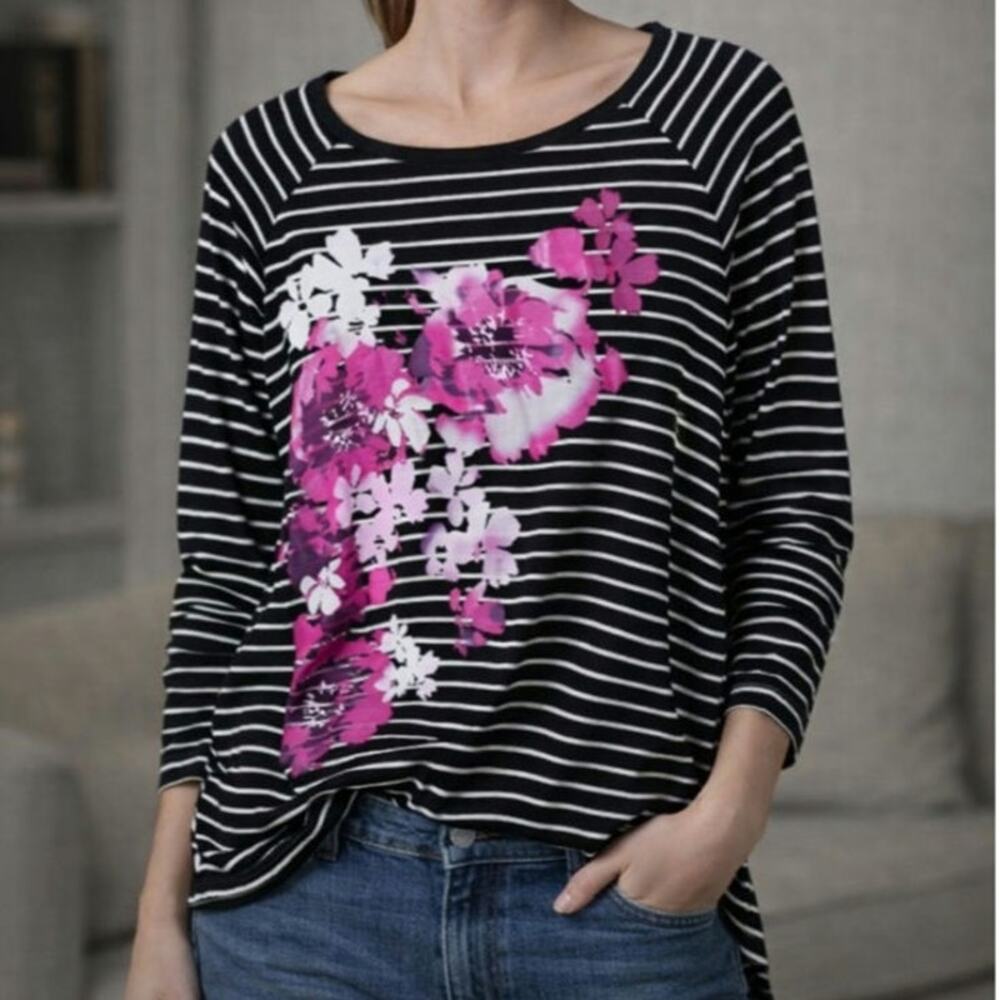 Just My Size Long Sleeve Top Size 5X Black Striped Pink Flowers NWOT Casual